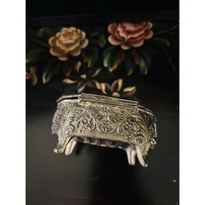 Vintage Floral Repoussé Metal Trinket Box with Red Velvet Lining Japan